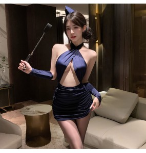 FEE ET MOI - Cross-Wrap Bust Bodycon Passion Flight Attendant Outfit (Blue)